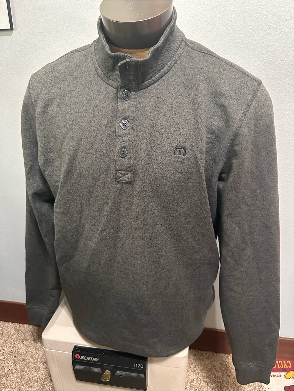 Travis Mathew Men's Gray Button-Up Mock Neck Sweater